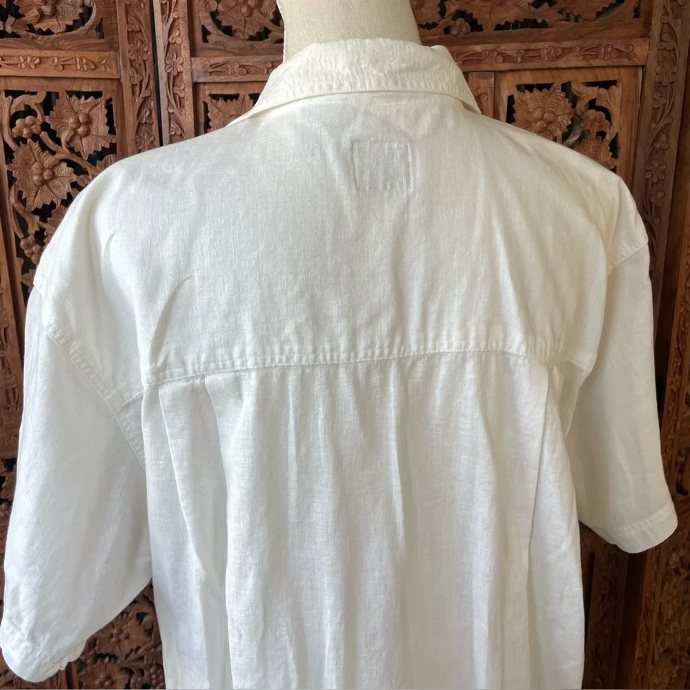 White Embroidered Men's Short Sleeve Cotton Linen Shirt Western Aztec - Picture 10 of 11